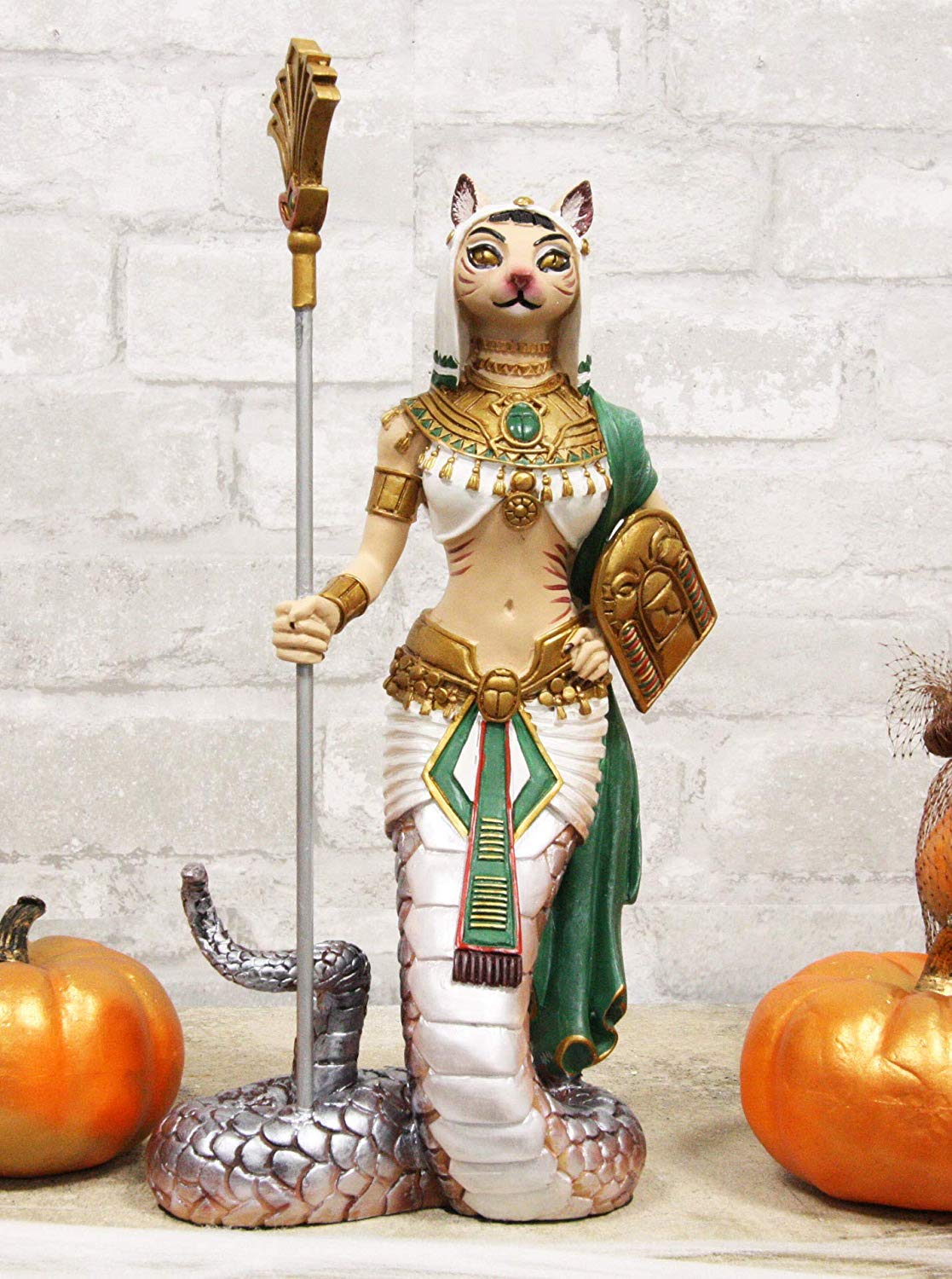 Ebros 11" Tall Colorful Egyptian Feline Goddess Bastet Cat with Slain Snake Apep Tail Holding Spear & Shield Statue 11" H Ubasti Bast Figurine - Ebros Gift