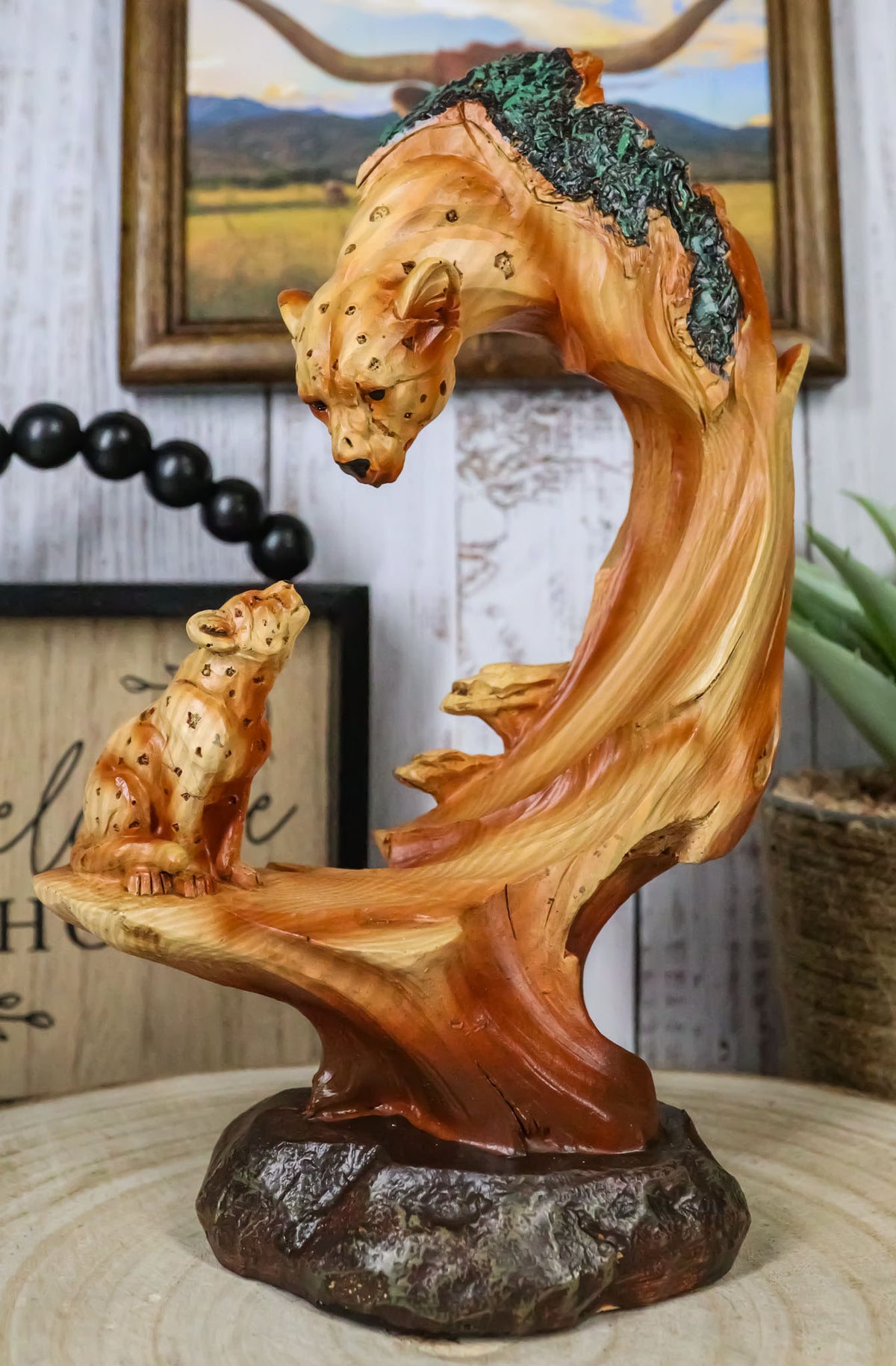 African Savannah Jungle Panther Leopard And Cub Faux Wood Carving Scene Figurine - Ebros Gift