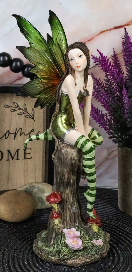 Whimsical Peppermint Elf Fairy Sitting On Tree Stump Statue 9.5"Tall Collectible