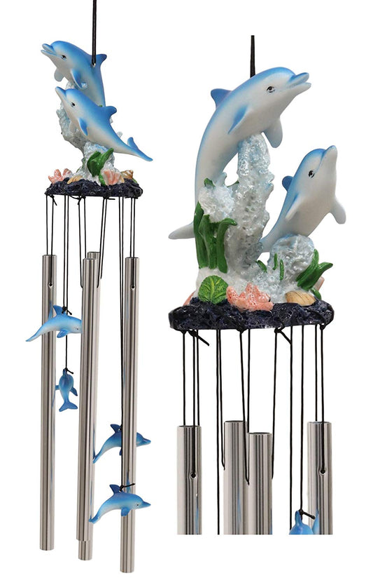 Ebros Nautical Marine Dolphin Family Swimming by Coral Reef Wind Chime 21" Long Resin Crown with Aluminum Rods Home Patio Garden Decor of Dolphins Under The Sea Life Decorative Noisemakers