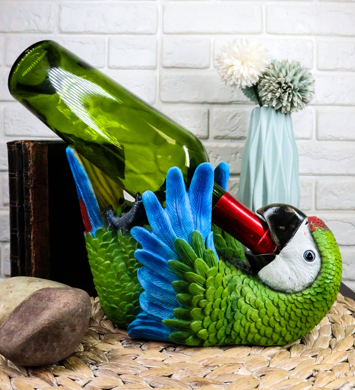 Ebros Rio Rainforest Jungle Green Scarlet Macaw Parrot Wine Bottle Holder