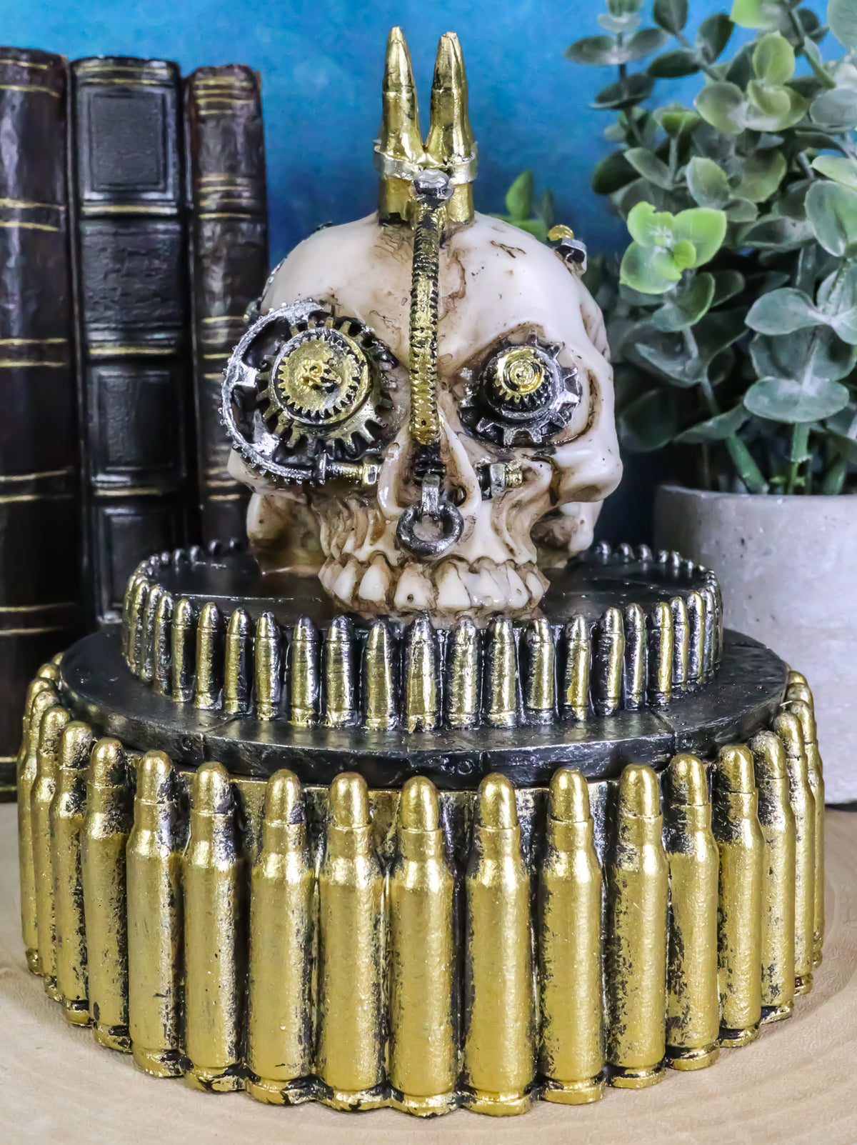 Steampunk Geared Cyborg Rifle Bullets Mohawk Skull Decorative Jewelry Box