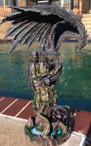 Ebros Large 23.5" Tall Black Dragon Guarding Castle Atop A Rocky Cliff Statue - Ebros Gift