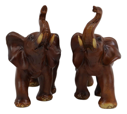 Ebros Faux Wood Feng Shui Elephant with Trunk Up Statue Set of 2 Thai Buddhism - Ebros Gift