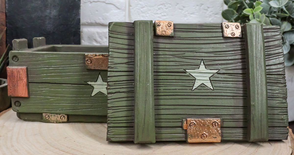 Patriotic Military Style Ammo Crate Utility Faux Wood Decorative Box Figurine