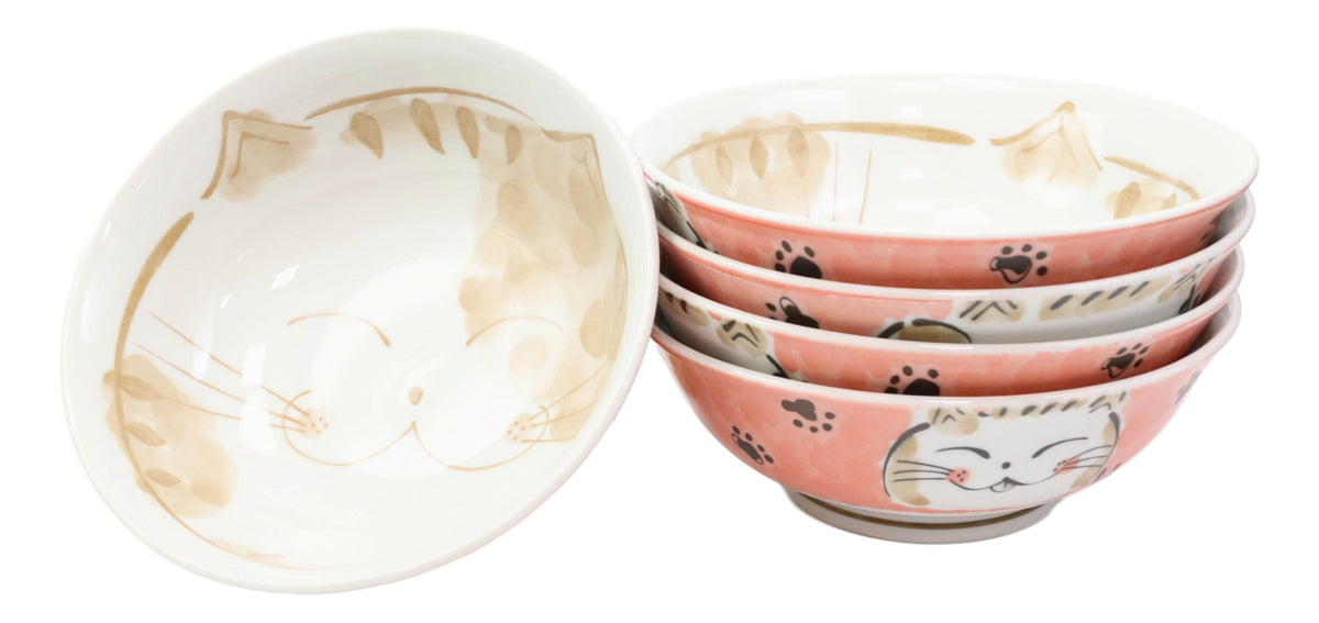 Made In Japan Pink Lucky Cat Maneki Neko 32oz Soup Pasta Cereal Bowls Set of 5