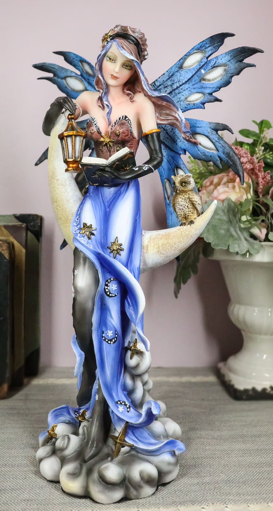 Fairy With Book Lantern And Owl On Crescent Moon Clouds and Stars Statue 14" H - Ebros Gift