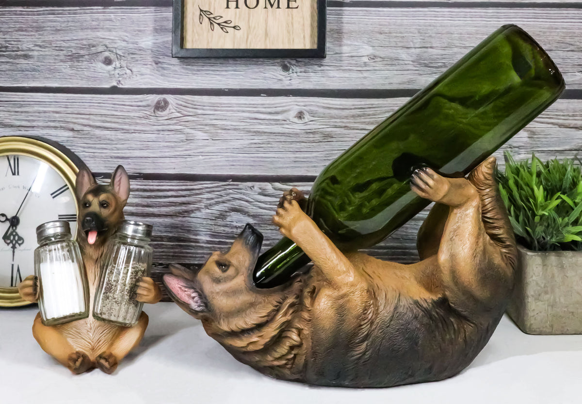 Ebros Dog German Shepherd Wine Holder and Salt Pepper Shakers Holder Set