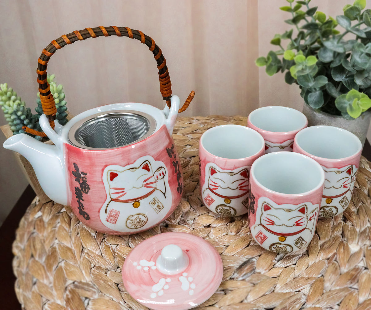 Japanese Design Maneki Neko Lucky Cat Pink 20oz Ceramic Tea Pot and Cups Set
