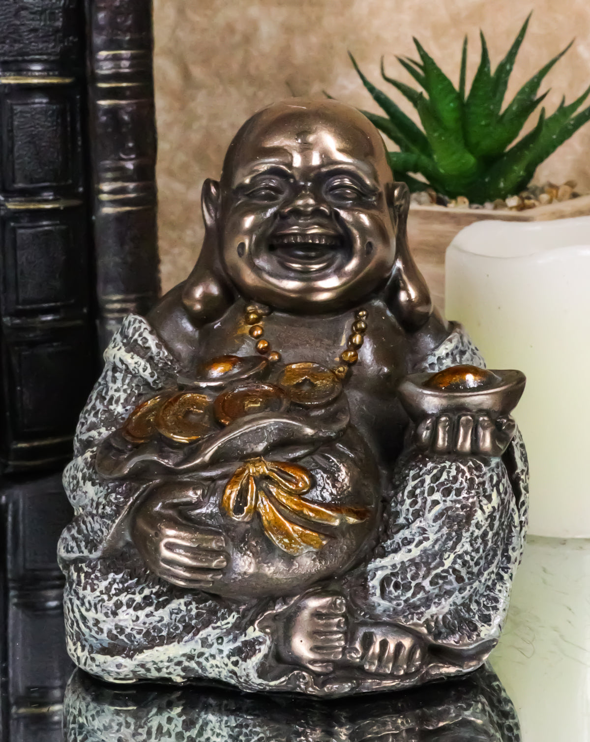 Lucky Buddha With Golden Nugget & Coins Figurine Buddhism Eastern Enlightenment