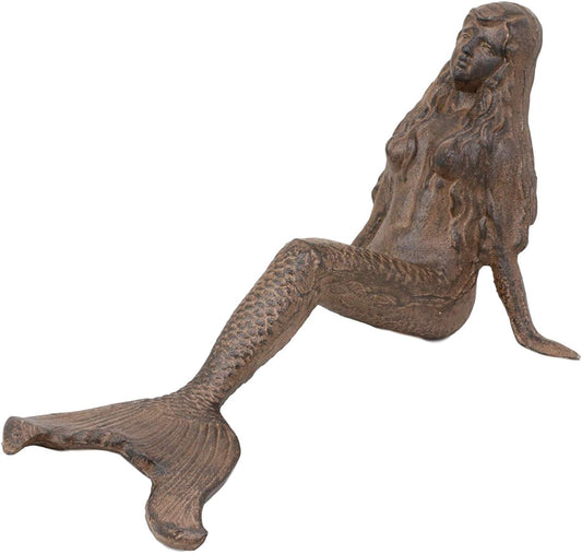 Ebros Gift 16.25" Long Nautical Siren Mermaid Leaning Back Cast Iron Rustic Vintage Finish Shelf Sitter Statue Ocean Goddess Princess Coastal Beach Under The Sea Mermaids Decorative Accent - Ebros Gift