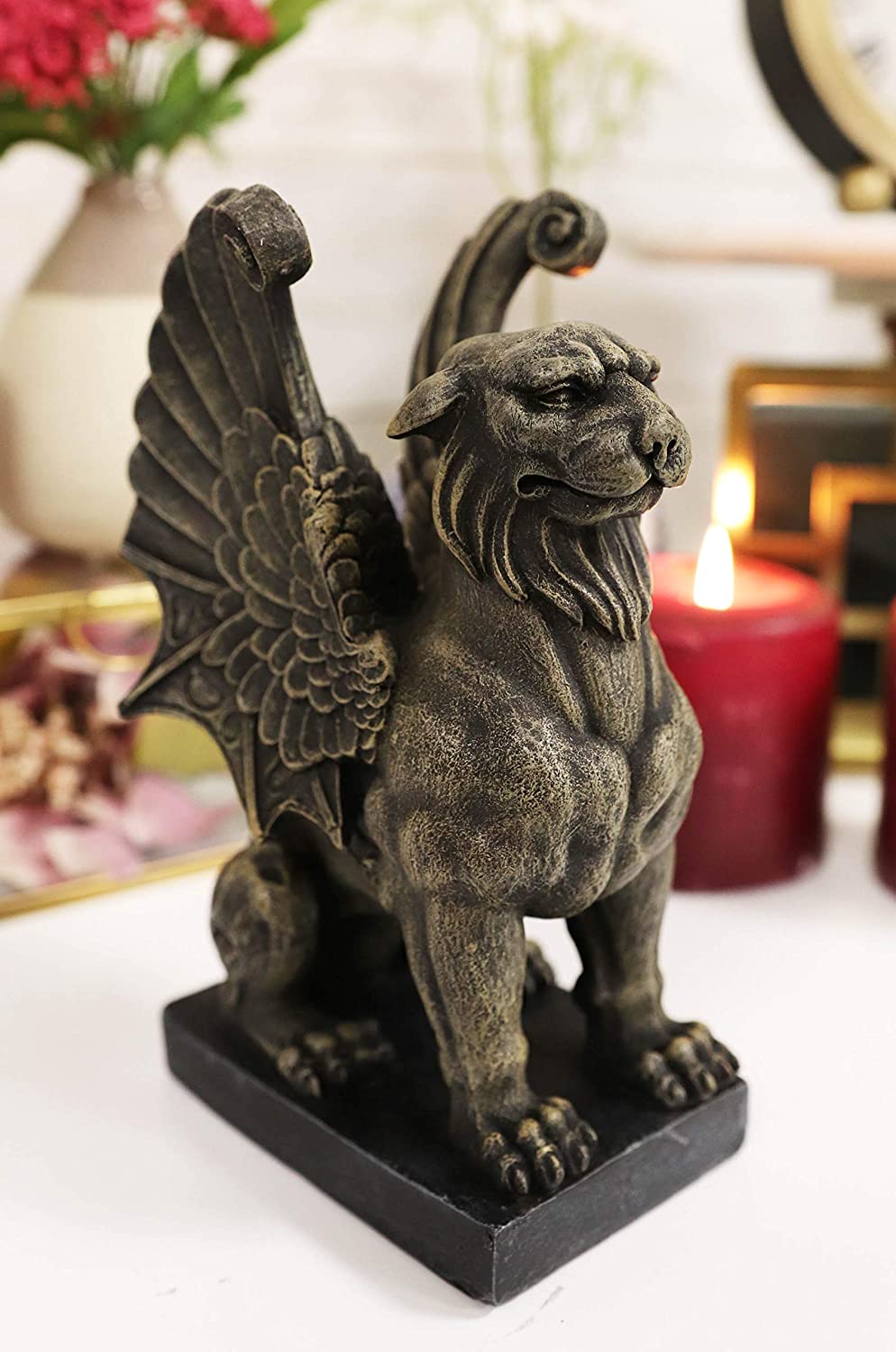 Ebros Lion Gargoyle with Griffin Wings Crouching On Pedestal Statue 6.5" Tall