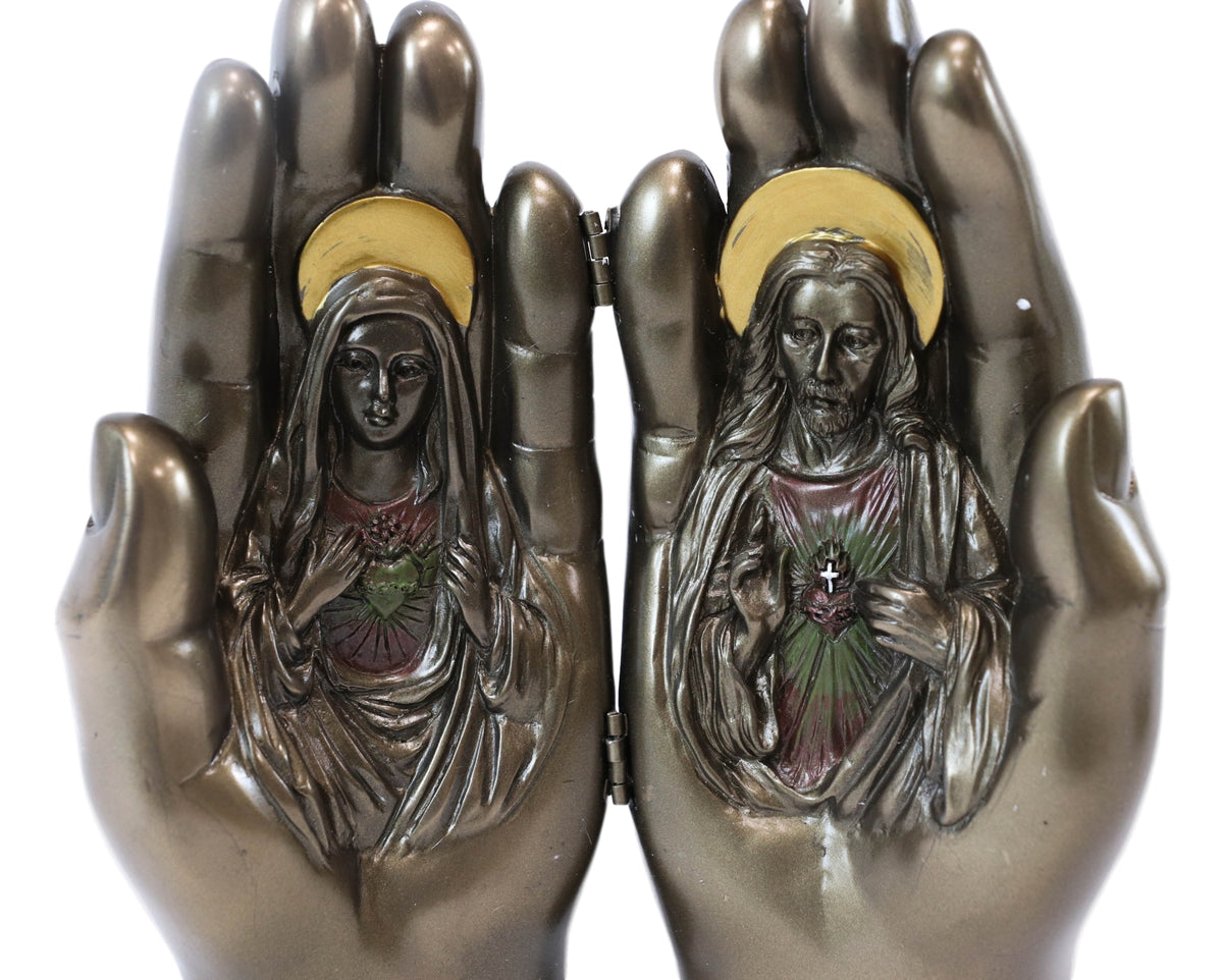 Sacred Hearts Prayer Hands Diptych Jesus and Mary Figurine 6.75 Inch Statue