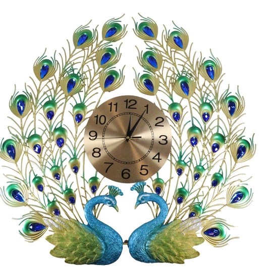 25"H Large Valentine Lover Peacocks Iris Gold Plated Colorful Metal Wall Clock