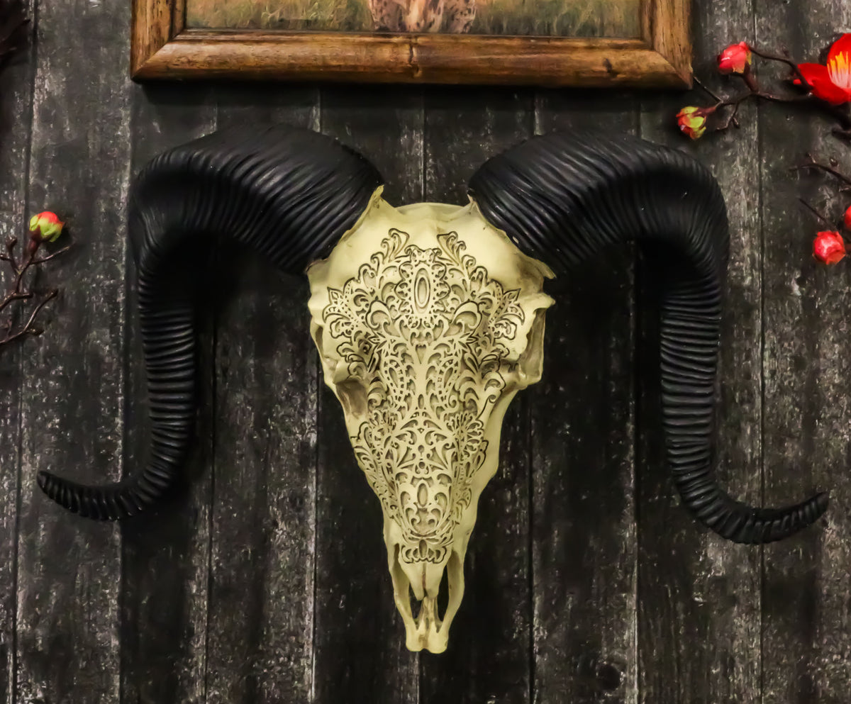 Tribal Floral Vines Tooled Filigree Corsican Ram Cow Skull Wall Decor Plaque 11"
