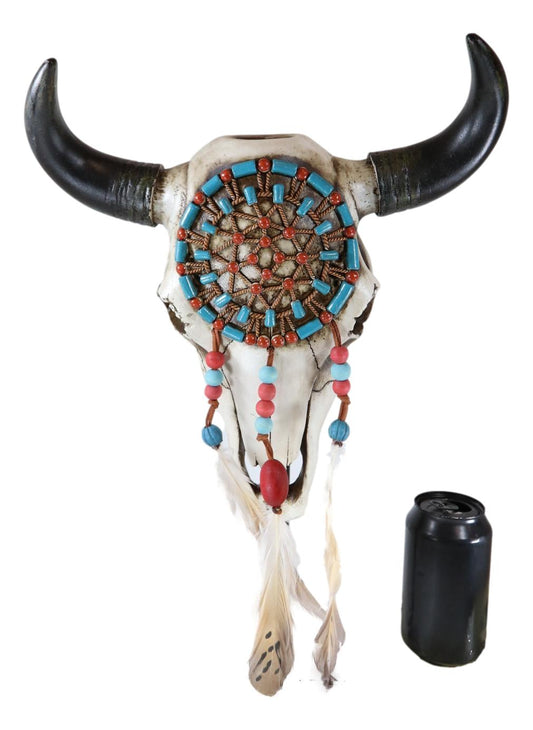 Large Western Native American Turquoise And Red Web Dreamcatcher Bison Cow Skull