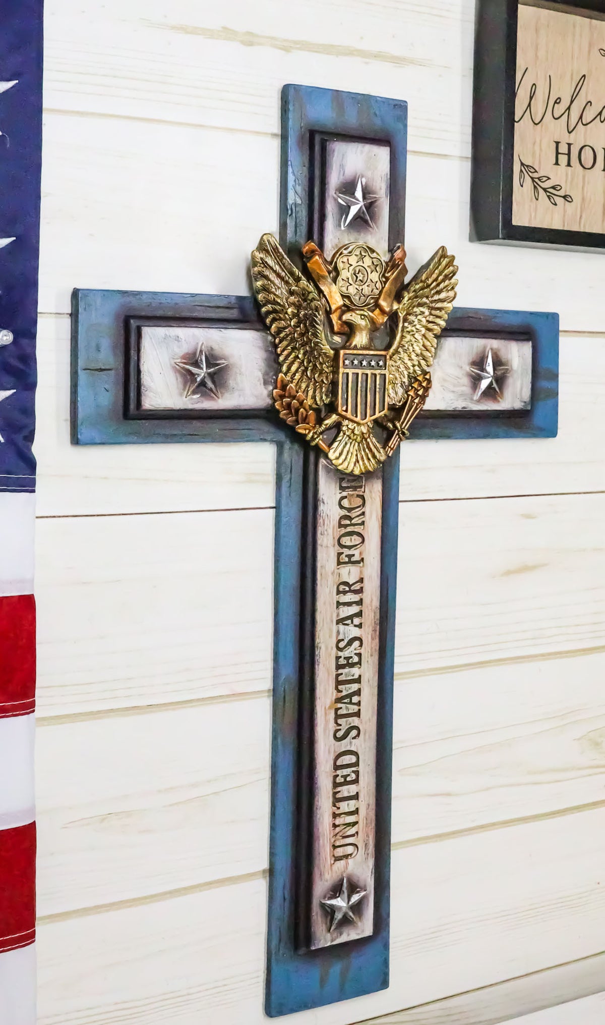 Large Western USA Air Force Patriotic Bald Eagle Emblem Blue Memorial Wall Cross