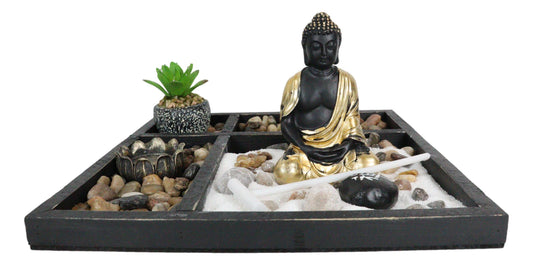 Meditating Buddha Zen Garden Kit With Lotus Candle Holders Sand Rake Succulents - Ebros Gift