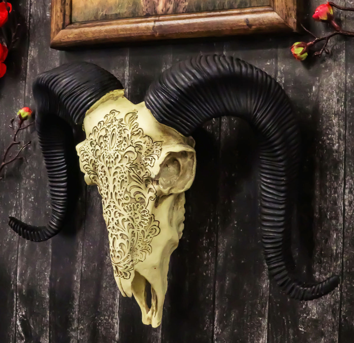Tribal Floral Vines Tooled Filigree Corsican Ram Cow Skull Wall Decor Plaque