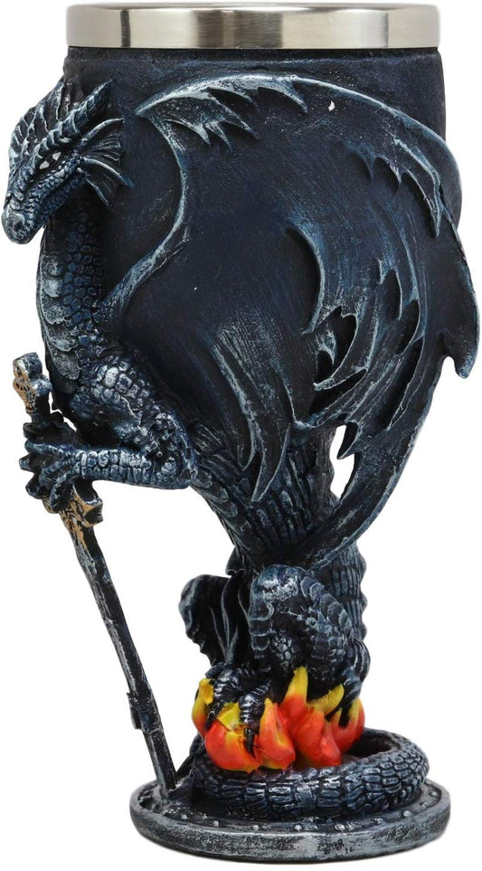 Blue Divine Fire Winged Dragon With Excalibur Sword Wine Goblet Chalice Cup 7oz - Ebros Gift