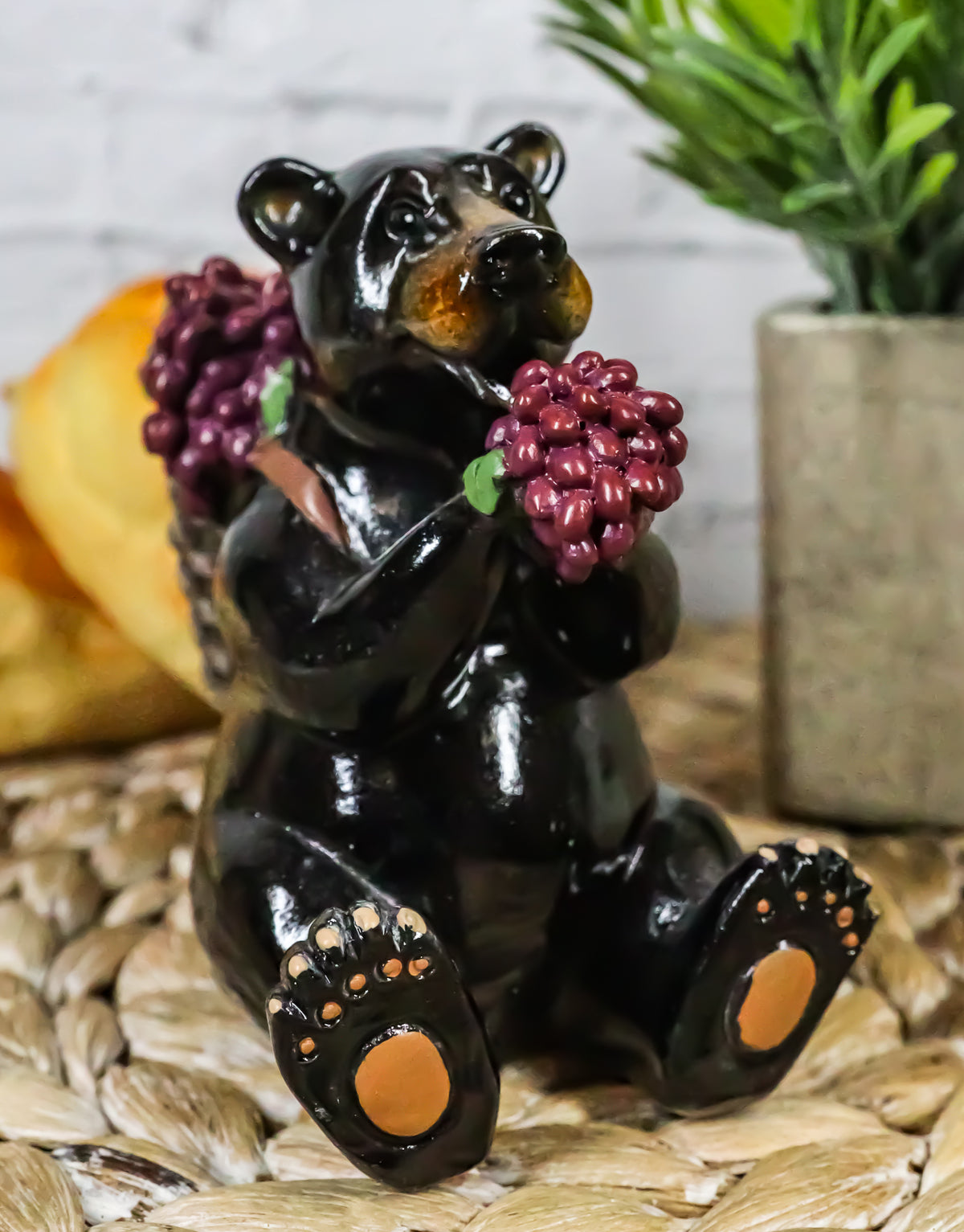 Western Rustic Berry Picking Black Bear With Fruit Harvest Bag Figurine Bears
