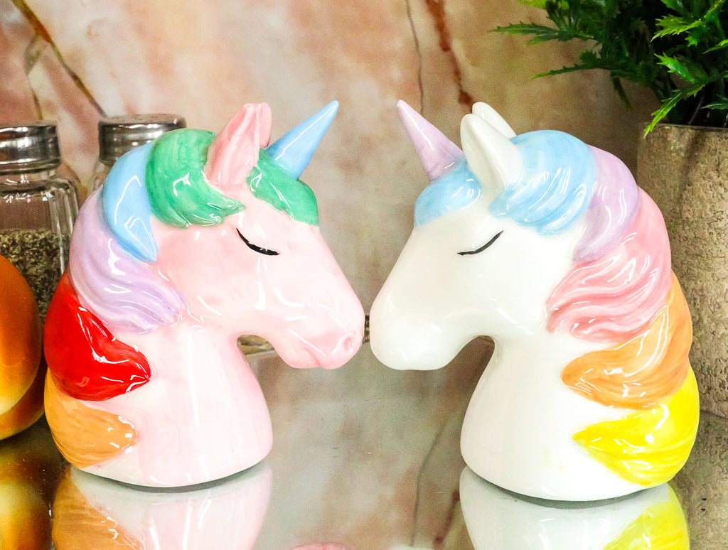 Pink and White Rainbow Mane Kissing Sacred Unicorns Salt And Pepper Sh–  Ebros Gift