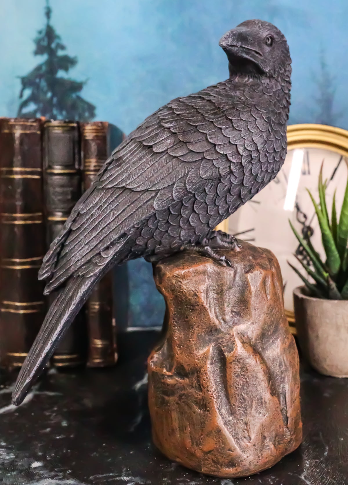 Large Dark Raven on Large Rock Platform Resin Statue Figurine 8" Height
