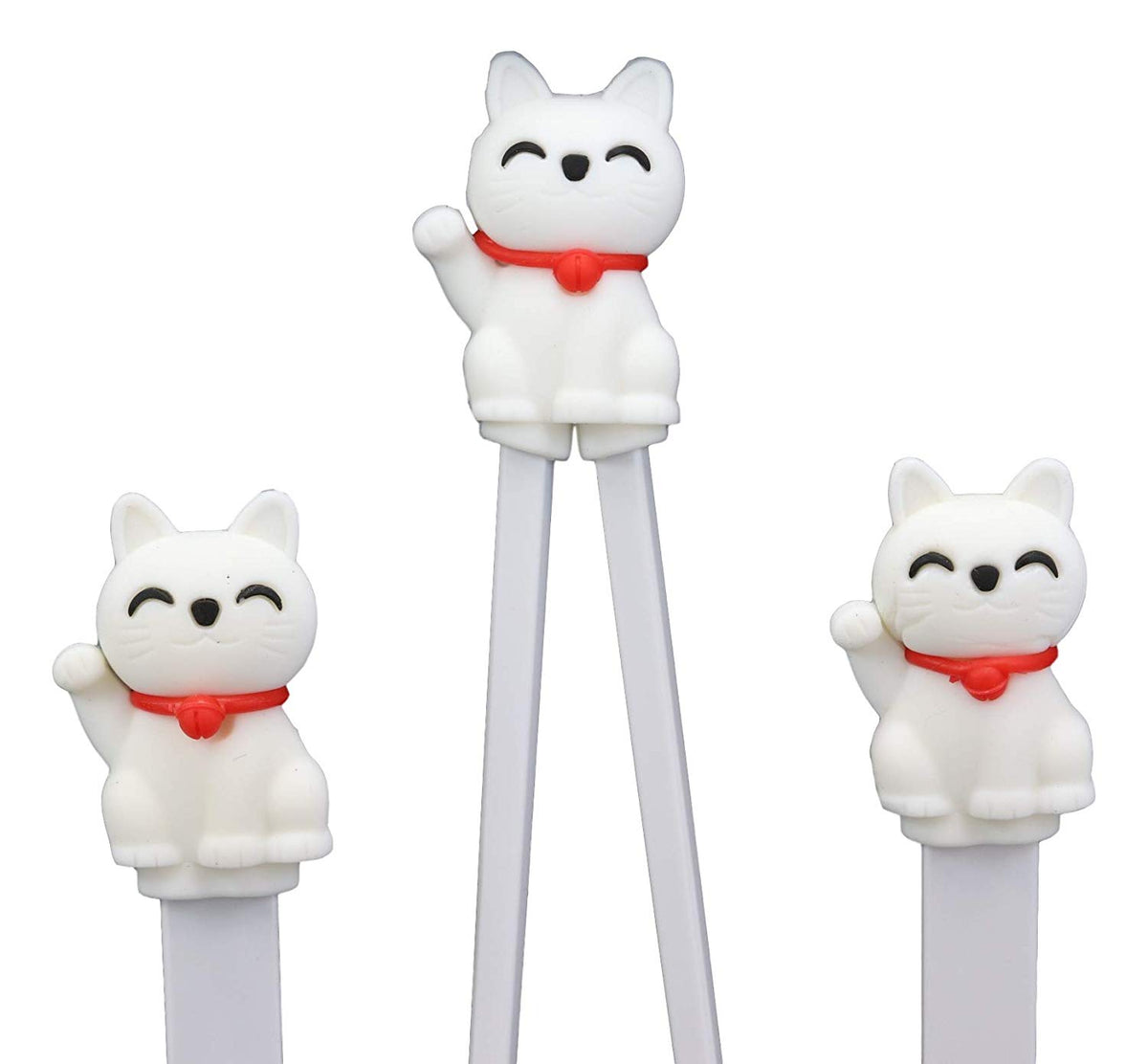 White Maneki Neko Cat Training Chopsticks With Silicone Guide Spoon And Fork Set - Ebros Gift