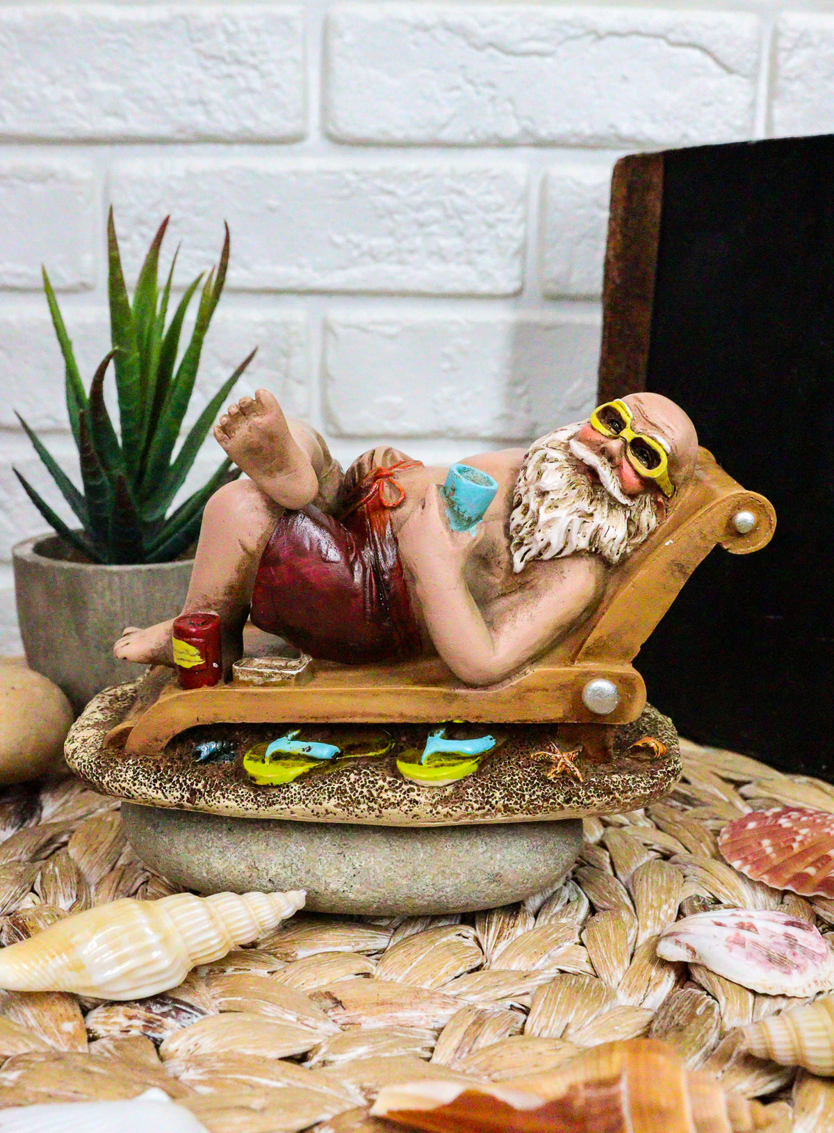 Whimsical Vacation Santa Claus Enjoying Cocktail Drink On Beach Chair Figurine