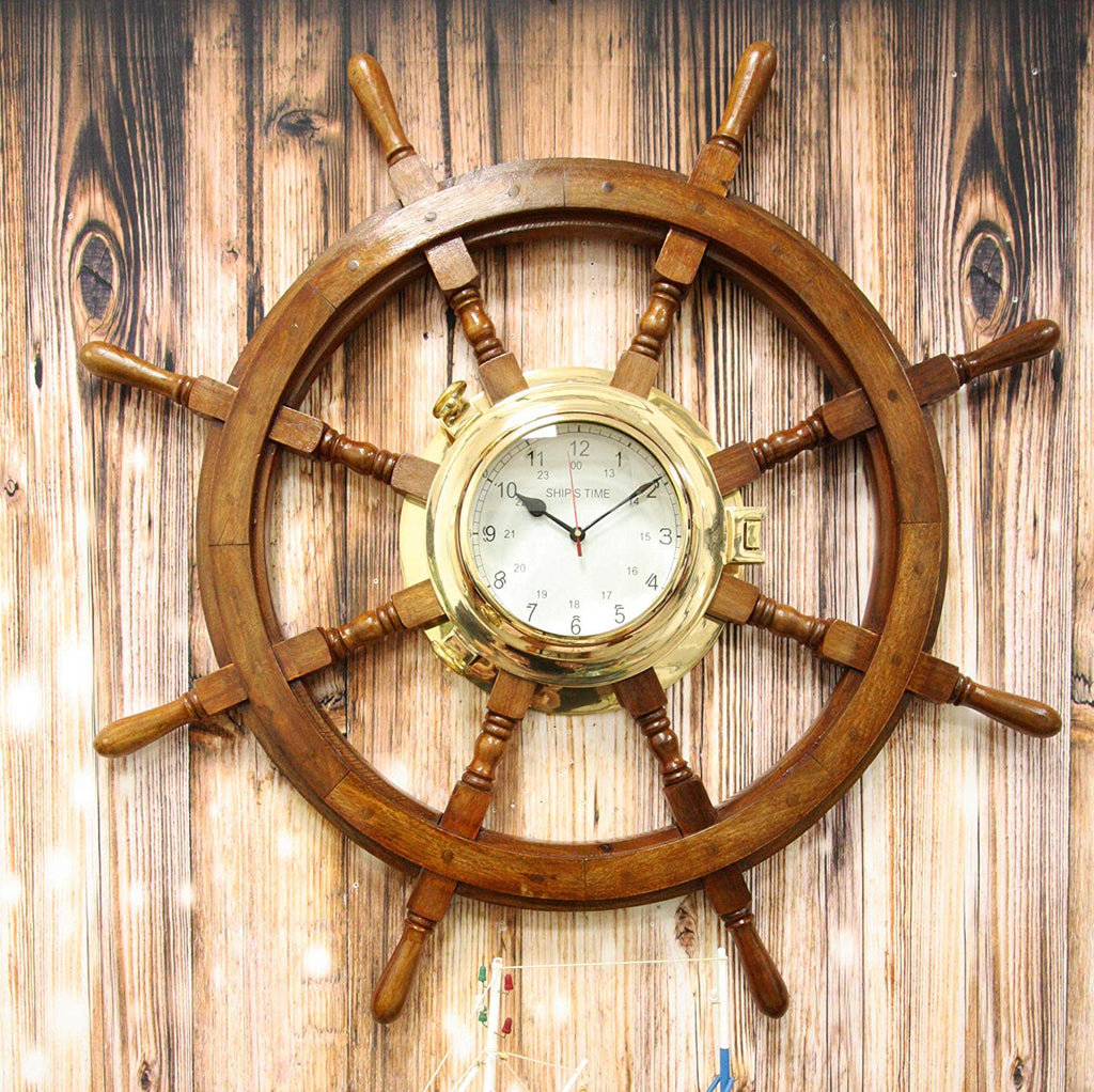 33.25W Nautical Rustic Wood and Brass Ship Steering Helm Wheel Wall C–  Ebros Gift