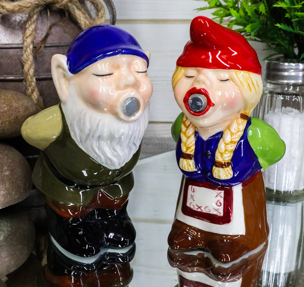 Kissing Mr & Mrs Gnome Couple Magnetic Salt Pepper Shakers Ceramic Figurine Set - Ebros Gift
