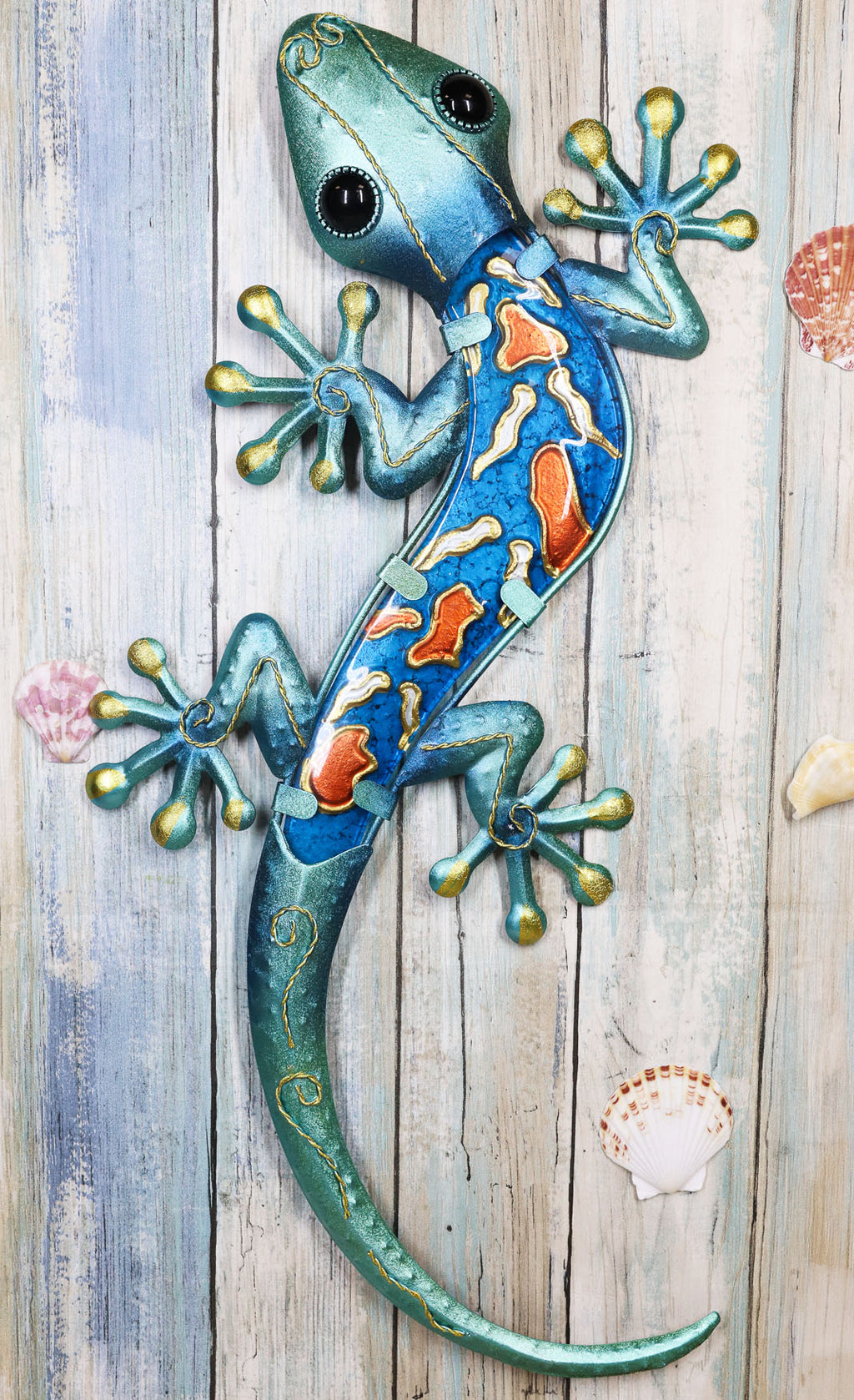 Ebros Crawling Green Metal Lizard Gecko with Blue Glass Body Wall Deco–  Ebros Gift