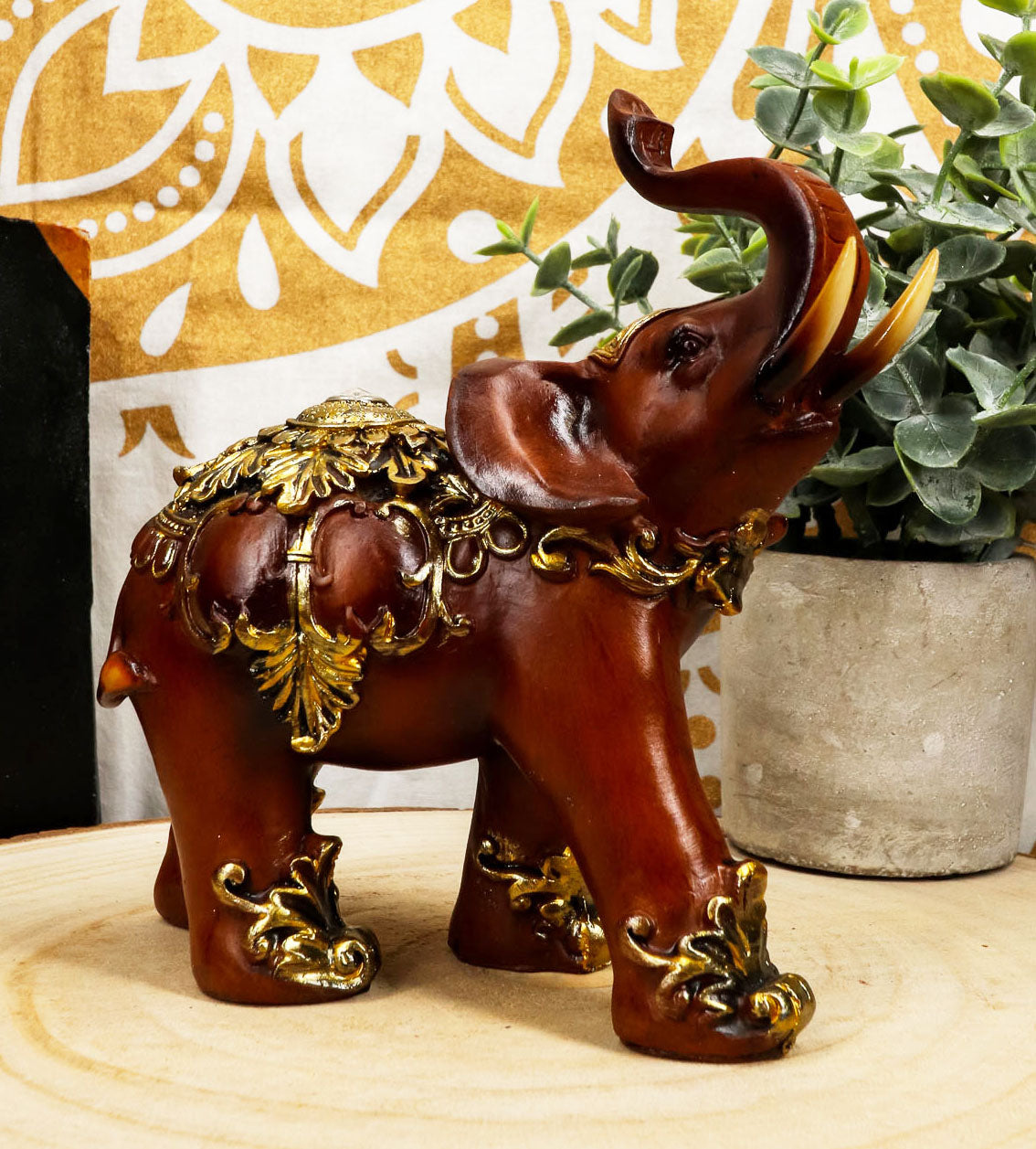 Faux Wood Decorated Thai Buddhism Noble Elephant With Trunk Up Statue 6.25"L - Ebros Gift