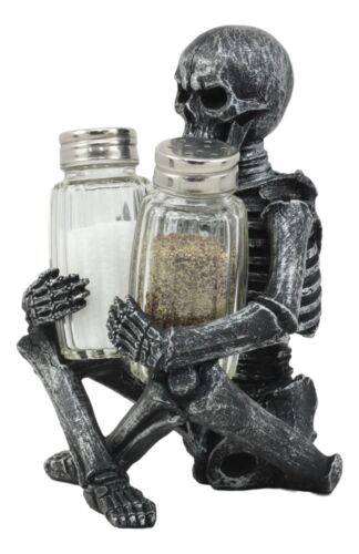 Ebros Gothic Sitting Skeleton Salt And Pepper Shakers Holder Figurine Set 6.25"H - Ebros Gift