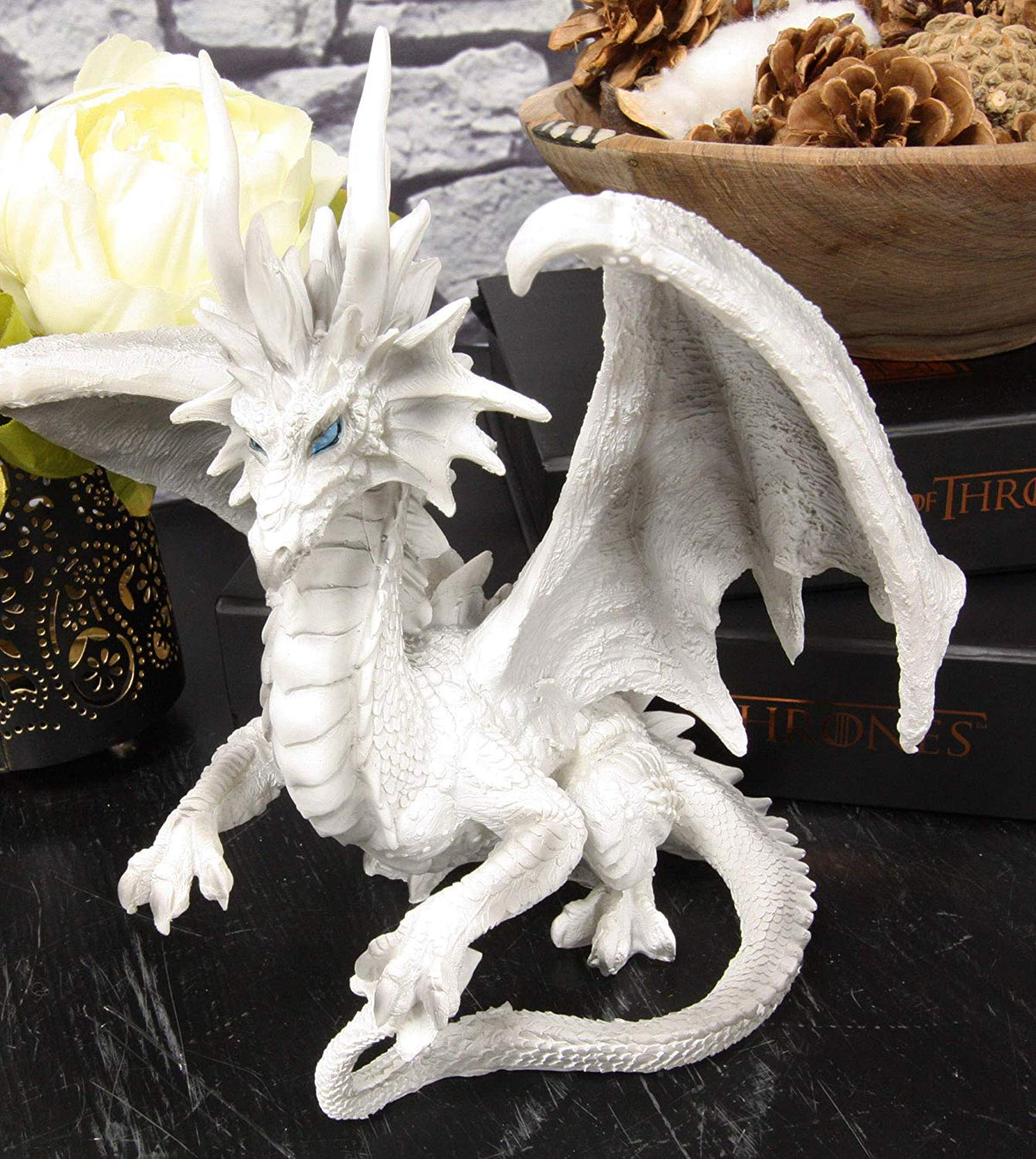 Ebros Ruth Thompson White Checkmate Dragon with Majestic Horns Statue 8.25"H