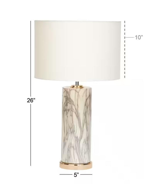 26"H Contemporary Ceramic Faux White Veined Marble Gold Trim Table Lamp W/ Shade