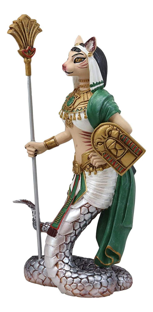 Ebros 11" Tall Colorful Egyptian Feline Goddess Bastet Cat with Slain Snake Apep Tail Holding Spear & Shield Statue 11" H Ubasti Bast Figurine - Ebros Gift