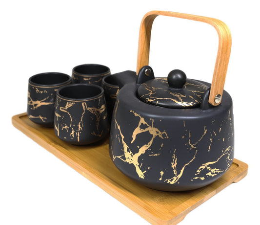 Black Faux Marble With Gold Veins Ceramic Tea Pot And Cups With Tray Set For 4 - Ebros Gift