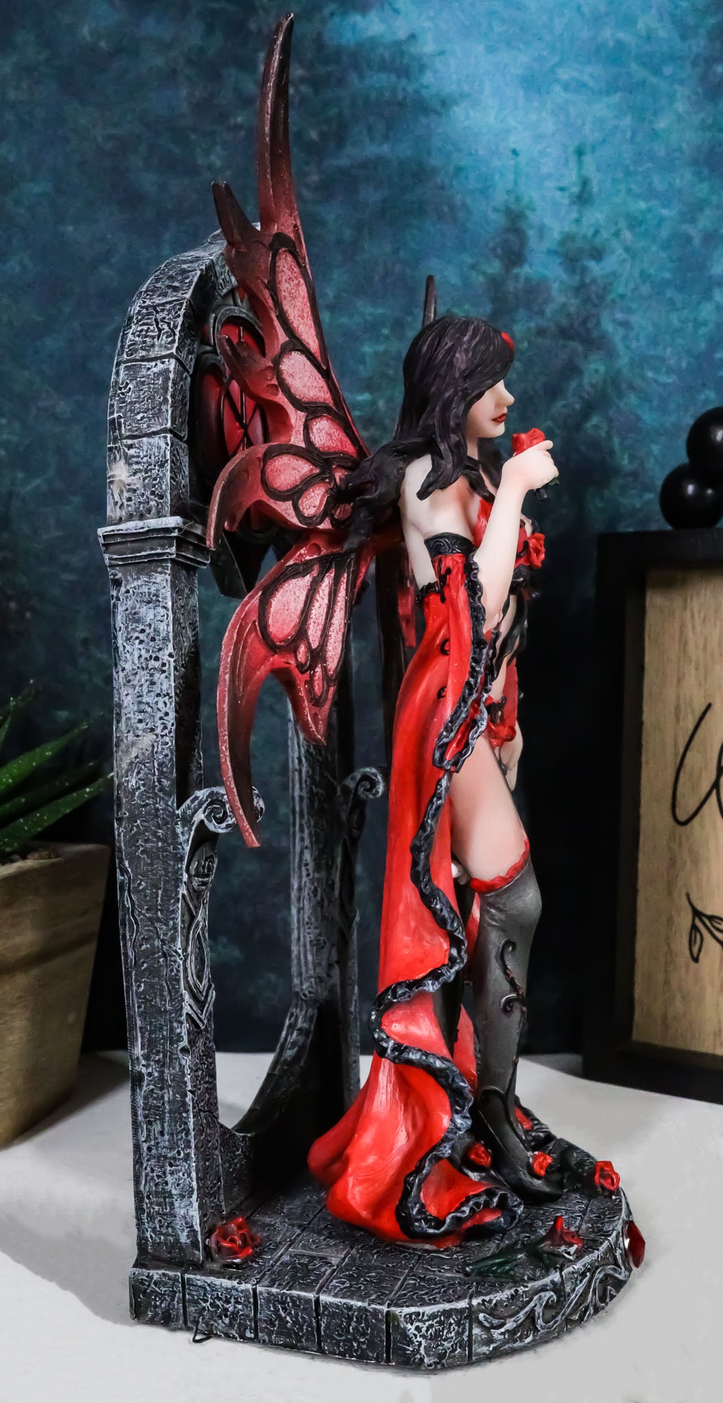 Gothic Red Winged Lingerie Fairy Statue Sexy Roses Figurine Fantasy