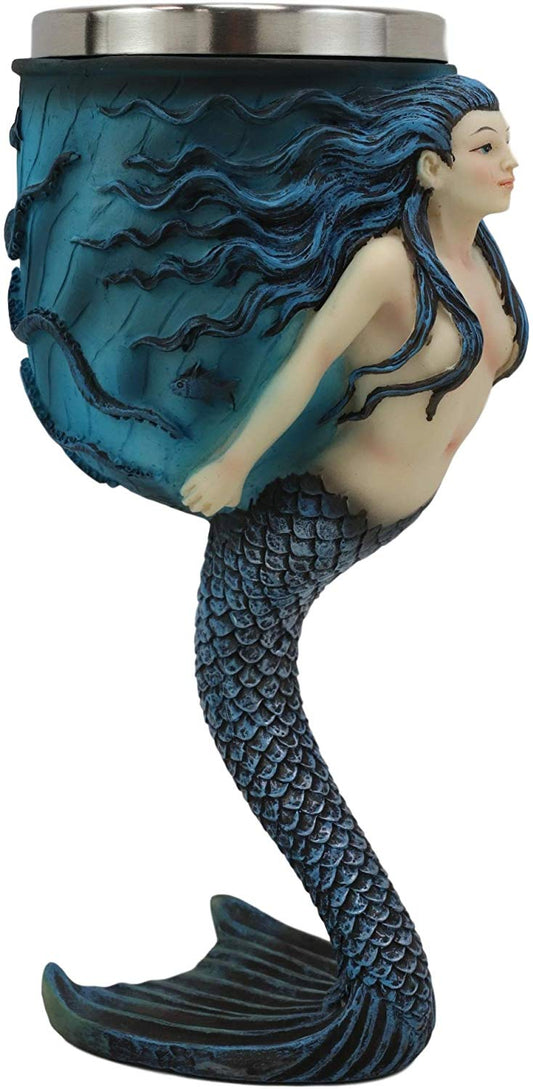 Ebros Sirens Of The Sea Blue Mermaid Octopus With Tail Fin Stem Wine Goblet