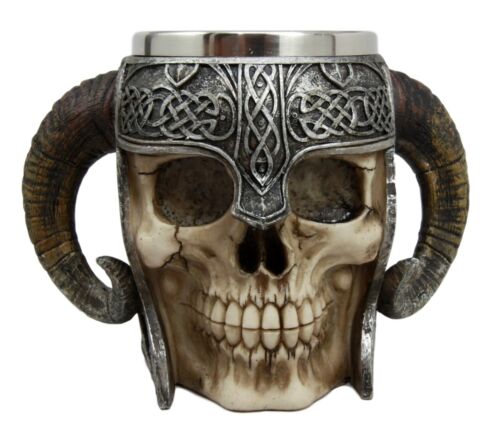 Ebros Viking Ram Horned Warrior Skull With Battle Helmet Tankard Cup Mug 13oz - Ebros Gift