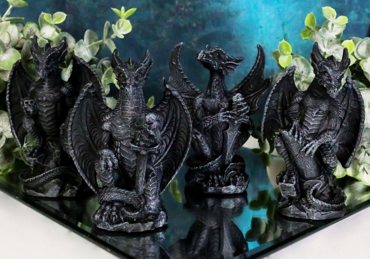 Ebros Faux Stone Fantasy Sentinel Guardian Dragons Statue Set Of 4 Dragon Miniature - Ebros Gift