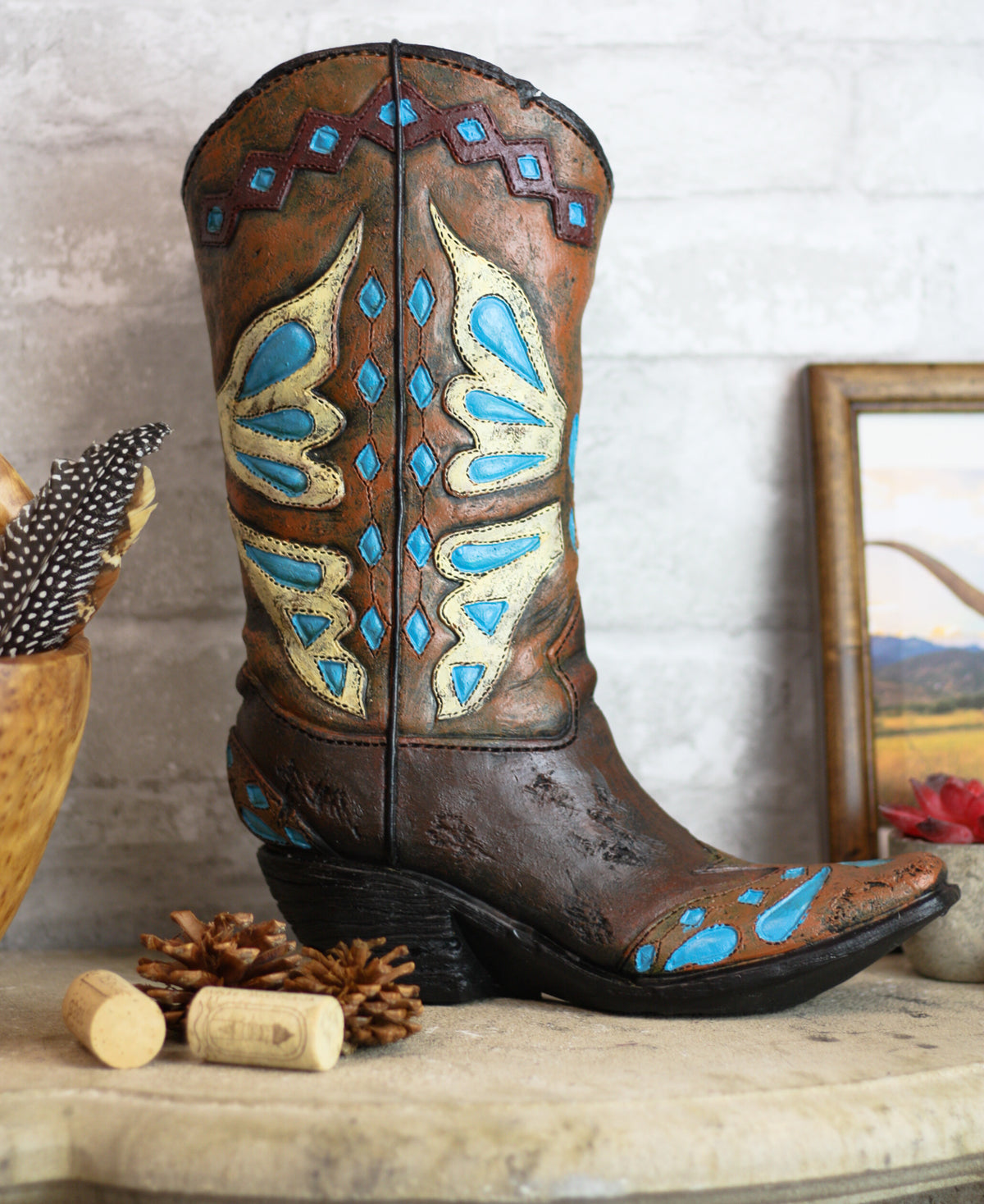 Rustic Western Cowboy Turquoise Butterfly Boot Decorative Flower Vase Or Planter