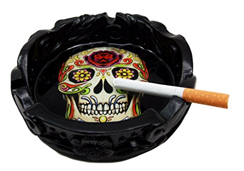 Ebros Gift Black Day of The Dead Sugar Skull Cigarette Ashtray Resin Figurine 5"Diameter