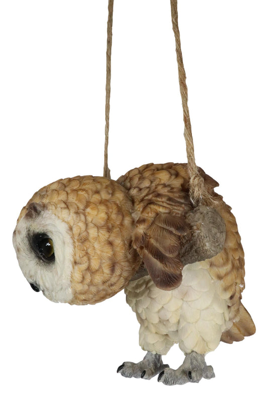 Lifelike Brown Barn Owl Baby Owlet On Branch Swing Hanger Wall Decor Figurine - Ebros Gift