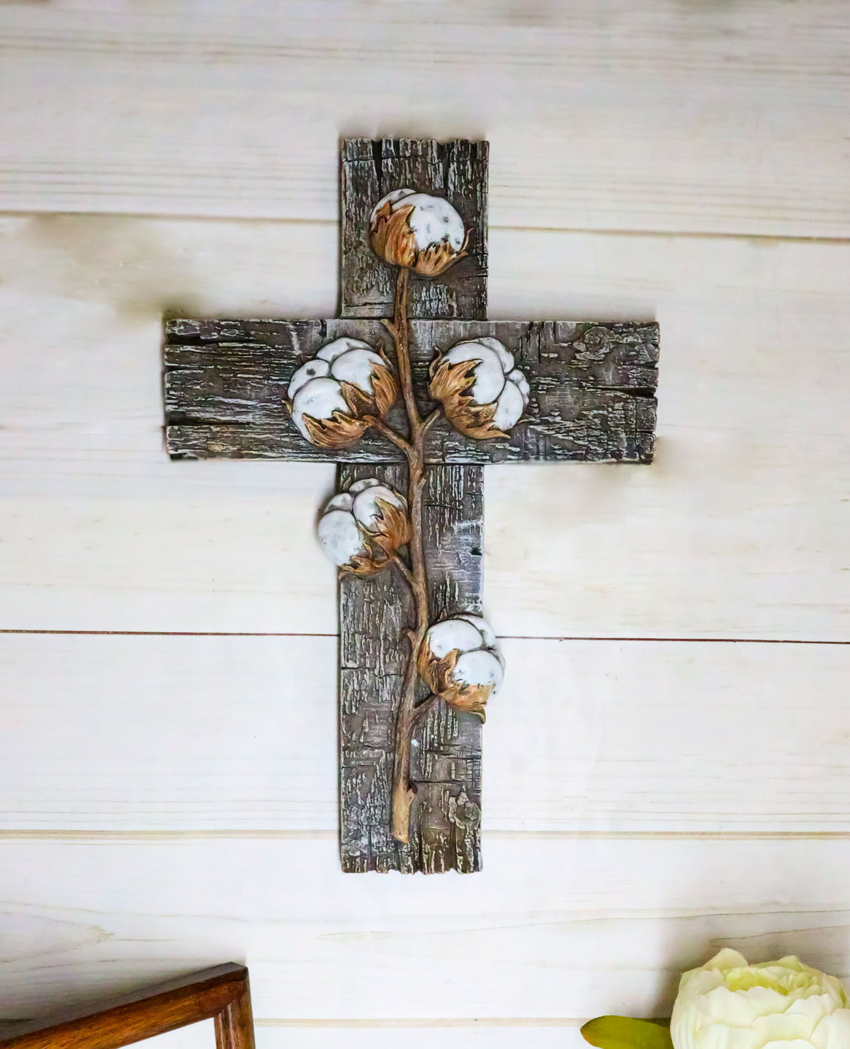 Rustic Farmhouse Cotton Stem And Bolls Crucifix Wall Cross In Rugged Wood Finish