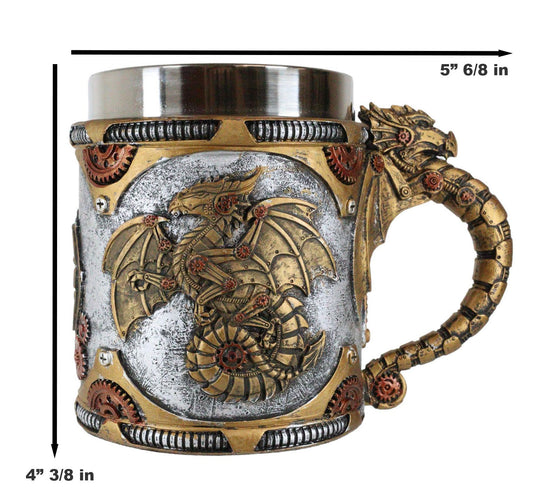 Ebros Golden Steampunk Cyborg Robotic Dragon Beer Stein Tankard Coffee Cup Mug - Ebros Gift