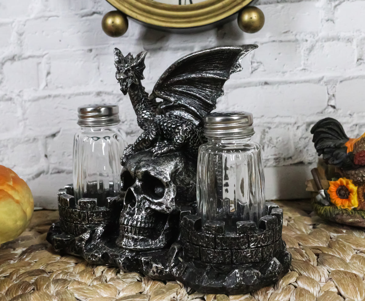 Medieval Dragon On Oversized Skull By Castle Towers Salt Pepper Shakers Holder - Ebros Gift
