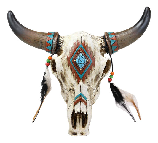 Ebros 12.5" Wide Western Southwest Steer Bison Buffalo Bull Cow Horned Skull Head with Faux Turquoise Diamond and Dream Catcher Feathers with Beads Wall Mount Decor - Ebros Gift