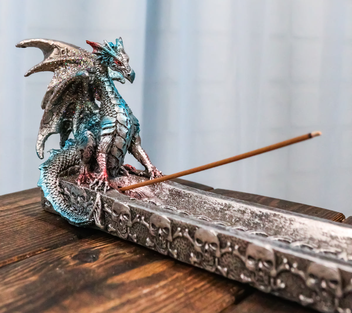 Blue Azureo Dragon On River Styx Boat of Skulls Incense Burner Holder Figurine